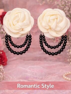 Floral Rose Earrings Ivory Satin Black Bead Dangles 3”